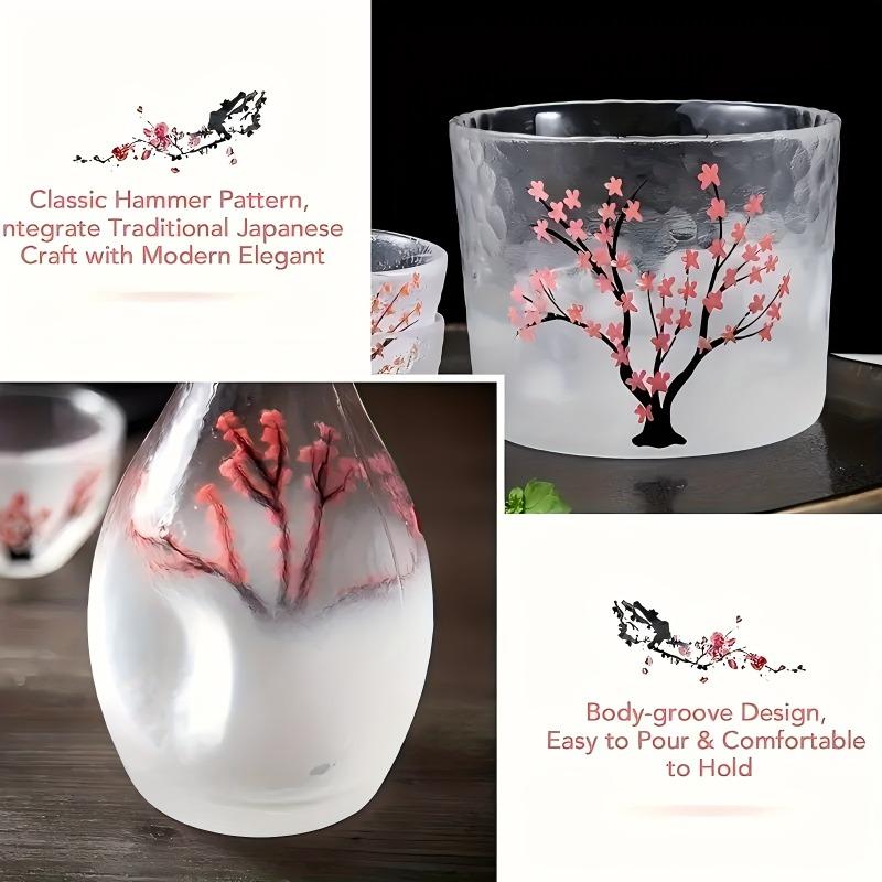 Hand-Painted Sake Set with Hammered Texture and Cherry Blossom Design Including A Sake Cup and A Sake Pot Home Dining Room Decor