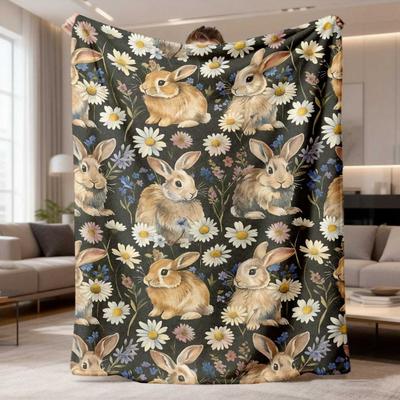 2026 New Arrival Flannel Blanket 1pc Soft & Cozy Floral Rabbit Plush Throw Blanket - Lightweight, Anti-Pilling Flannel, Perfect for Sofa, Travel, Bed,