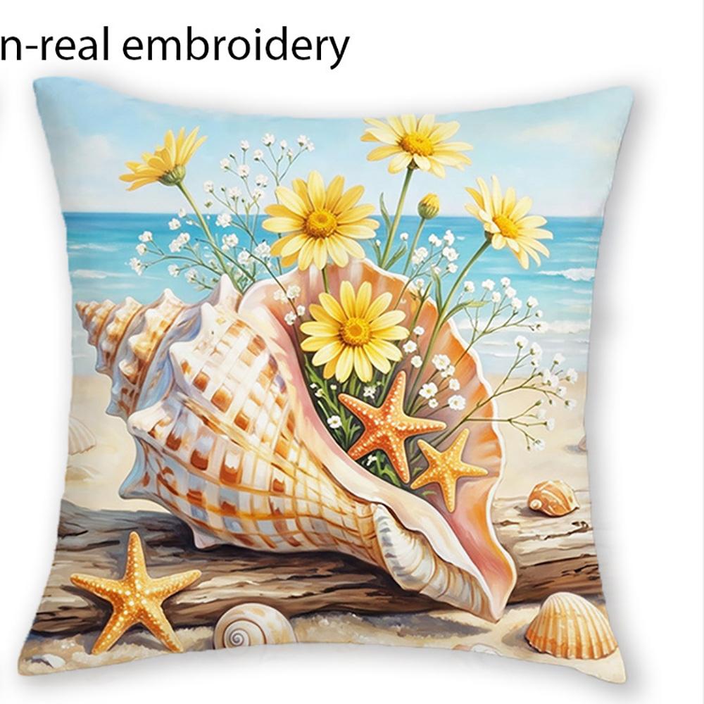 1/4pcs 2D Flat- Coastal Beach Seashell & Sailboat Throw Pillow Cover Home Farmhouse Outdoor Decoration Cushion Cover