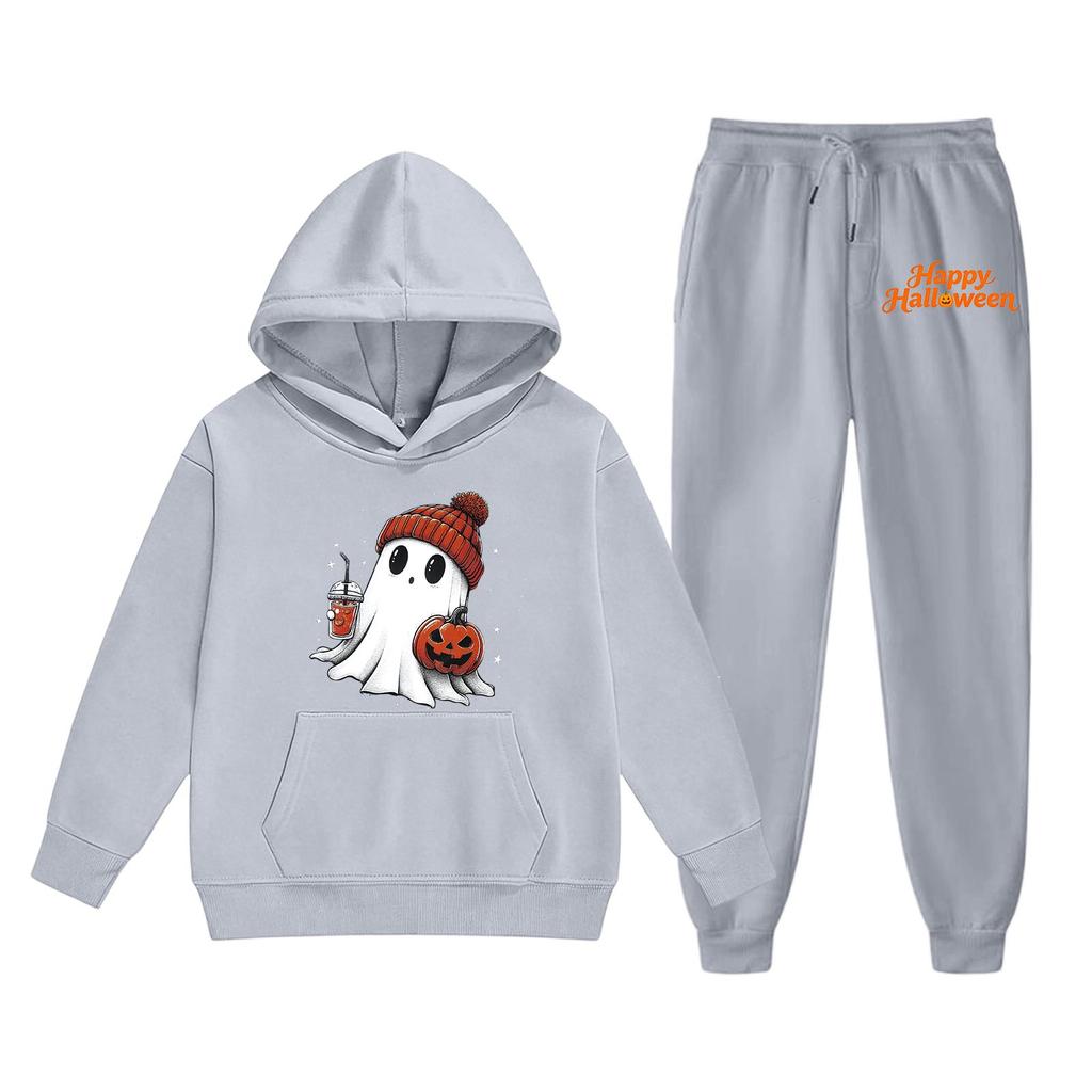 Kids Halloween Hoodie and Pants Set Soft Comfortable Fabric Long Sleeve Pullover with Ghost Pumpkin Print Suitable for Fall and Halloween Events