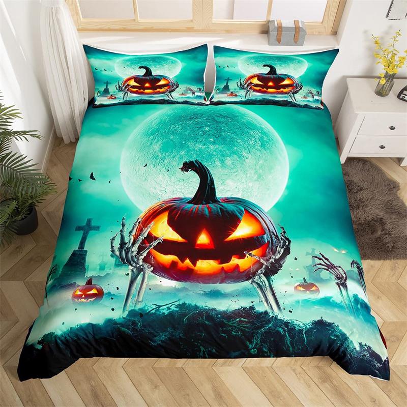 Halloween Duvet Cover Horror Pumpkin Lantern Bedding Set Polyester Crazy Scary Horseman Comforter Cover King For Kids Boys Girls