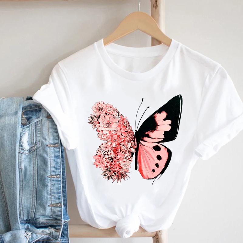 Watercolor Butterfly Tee Top Women Print Summer Fashion T-shirt Elegant Clothing Casual Short Sleeve Lady Female Graphic T-shirt