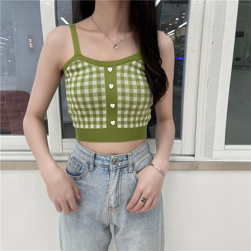 

Интернет Знаменитость Красота Назад Короткий Клетчатый Вязаный Жилет Холтер Женский Летний с Нижним Укороченным Топом Для Ношения На Выходе One size