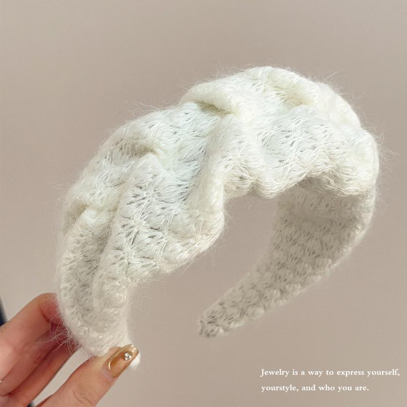 Woolen Pleated Wide Headband - Fluffy Knit Hair Tie for Makeup & Face Wash