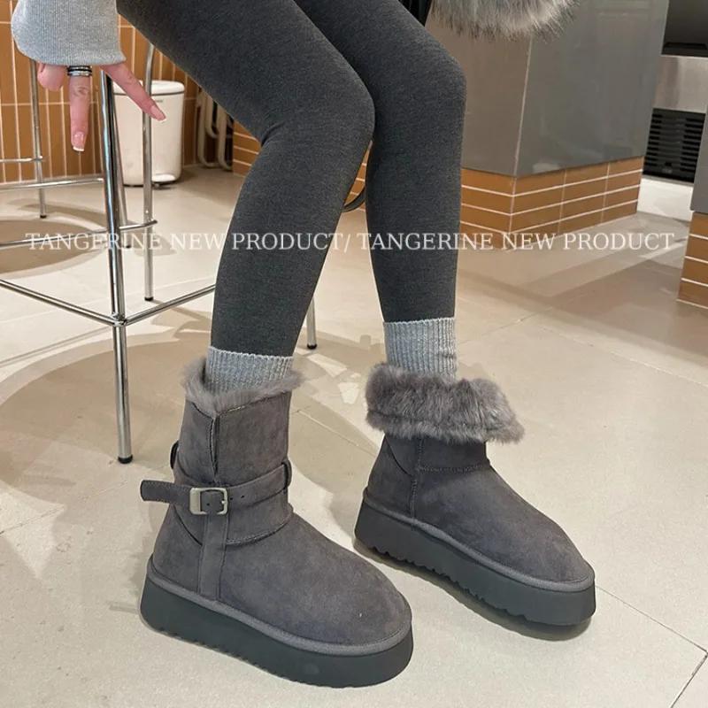 

Ботинки до середины голени на плоской подошве с зимними ботинками, зимние туфли без застежек с круглым носком, распродажа 2024 года, модные ботинки на среднем каблуке с пряжкой 35