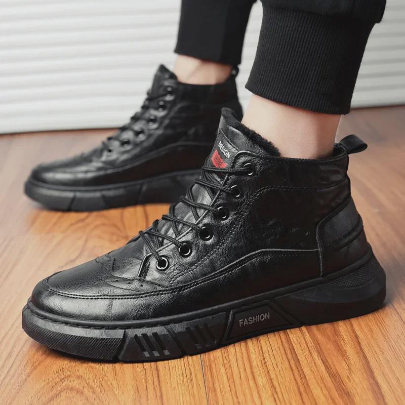 Men's Winter Brogue High-Top Leather Boots - Warm, Casual, Velvet-Lined