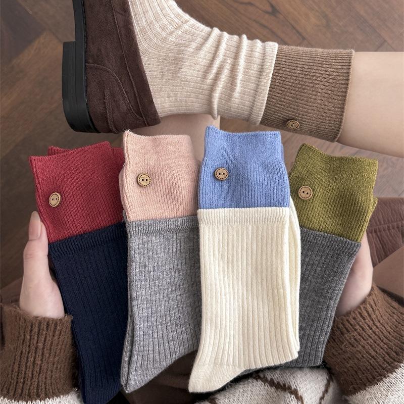 Retro Wooden Button Cashmere Socks Color Matching Medium Tube Socks Thermal Stockings Micro-Pressure Stacking Socks