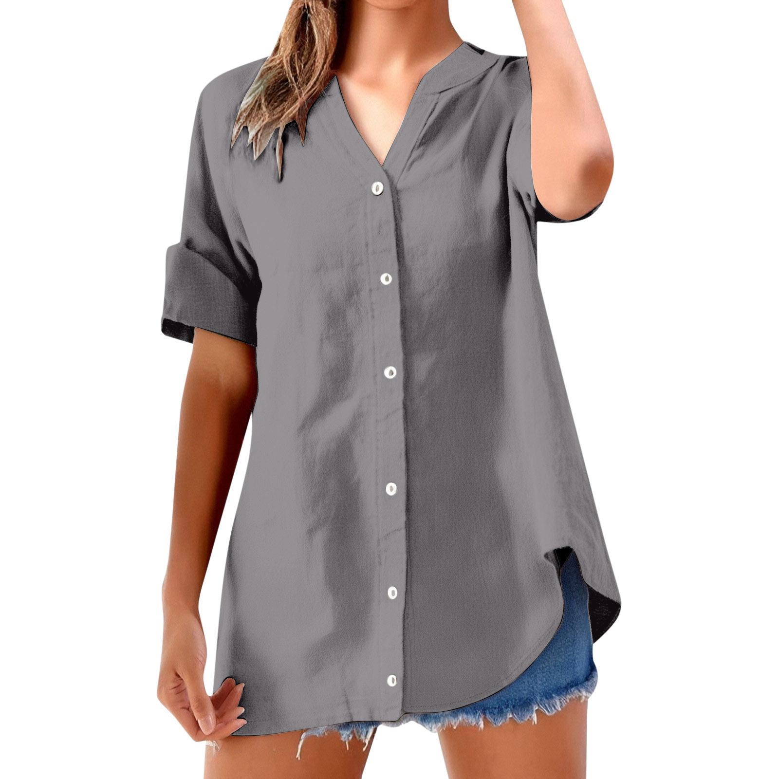 Women s Short Sleeve V Neck Button Down Shirt Casual Loose Fit Multiple Colors S серый