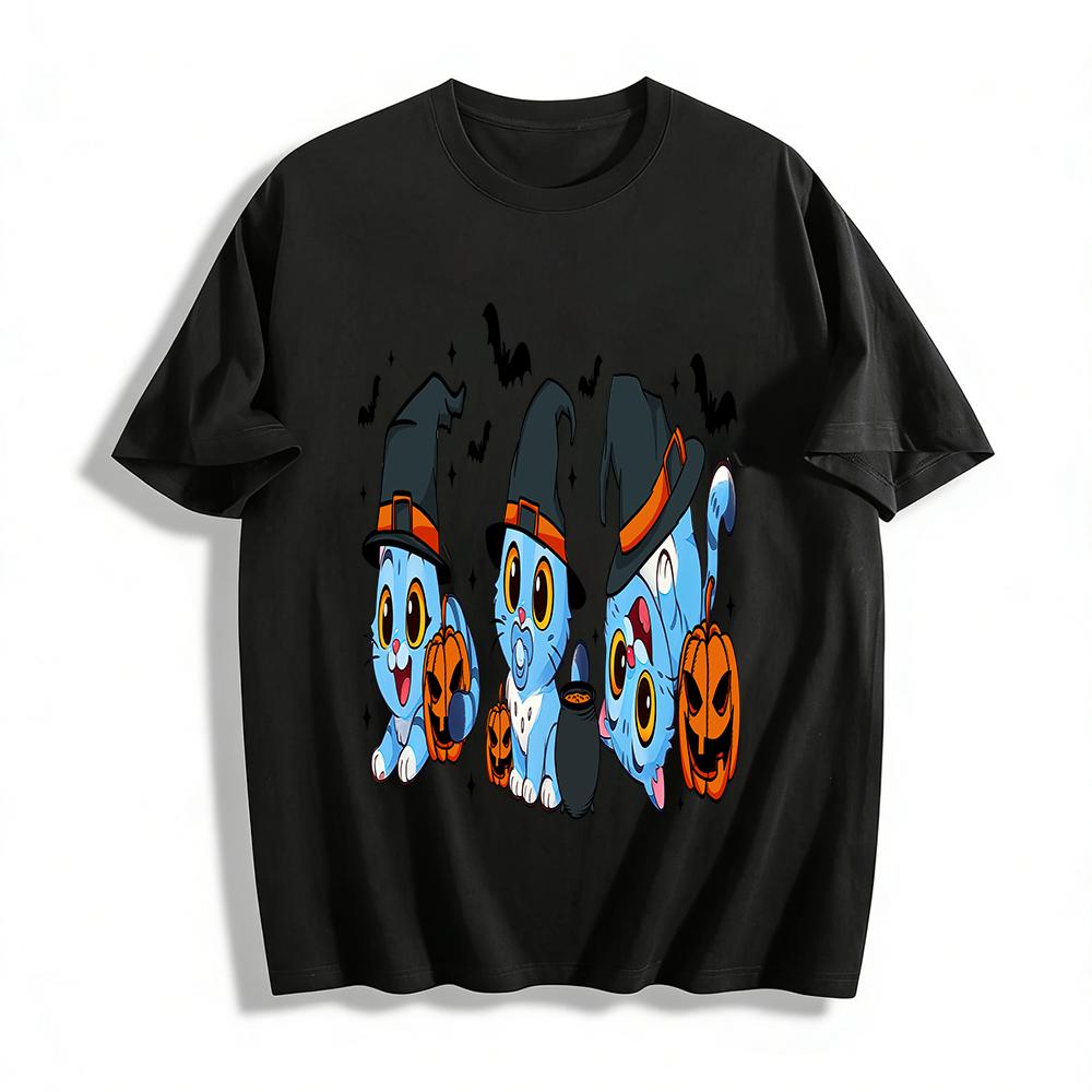 

Halloween Cute Blue Cat Wizard Hat Pumpkin Print Top Kids Fun Festival Vibe Casual T-Shirt Pure cotton T-shirt 6XL