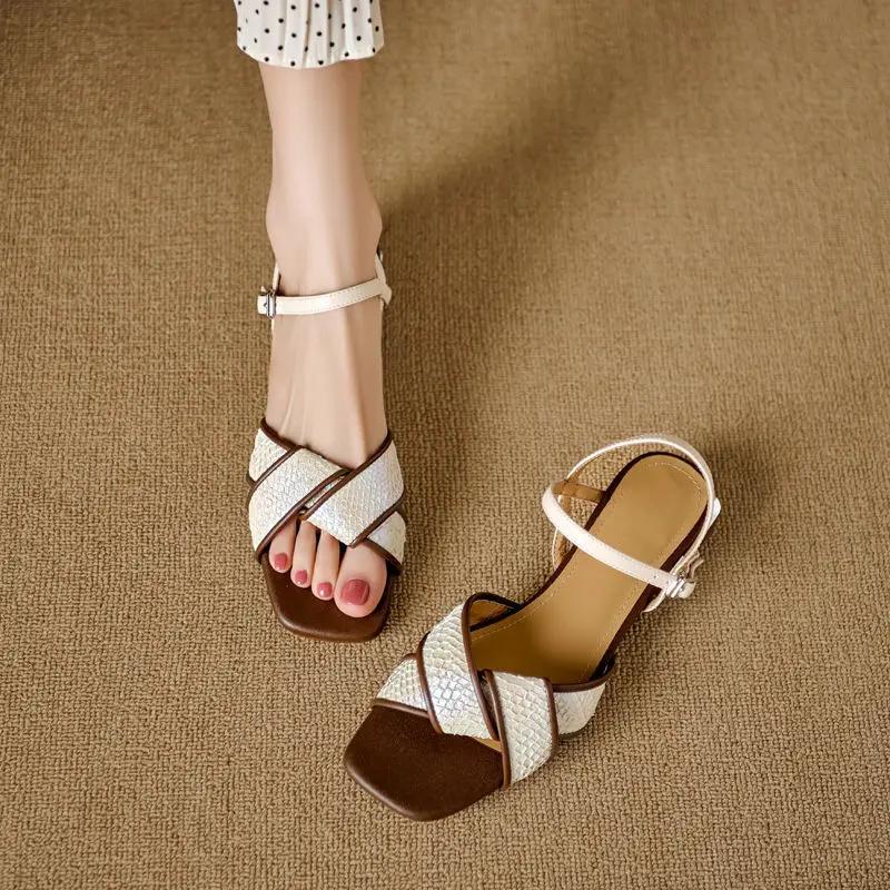 Fashion Buckles Square Toe Women's Sandals Comfort Summer Shoe Sale Original Luxury Designer Korea Casual Daily 2025 Vip On Ladies Shoes