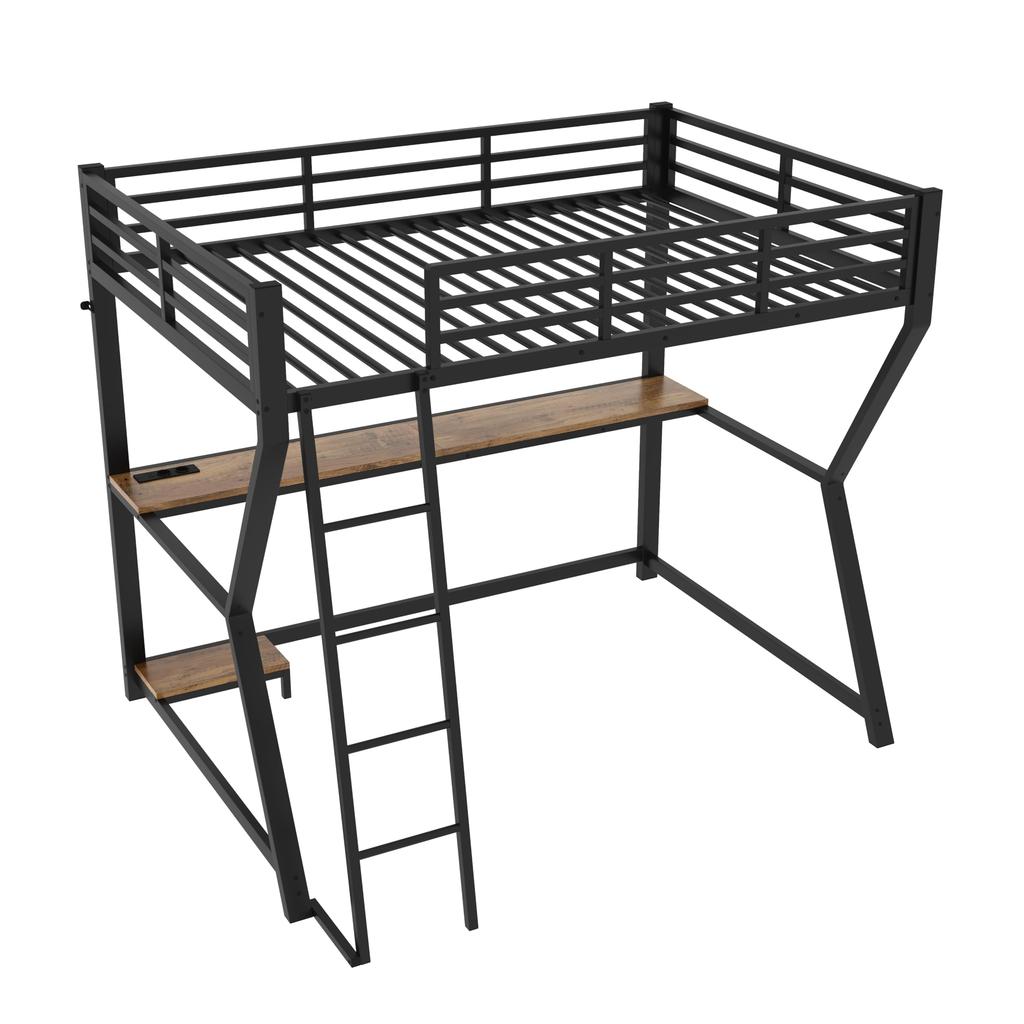 Hochbett Schreibtisch 90x200cm Kinder/Erwachsene, Ambientelicht, Steckdosen & USB, Metallbettgestell Lattenrost, Schwarz (ohne Matratze)