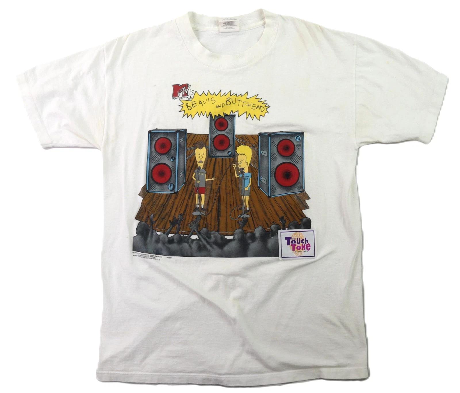 Vintage 90s 1997 USA L White Beavis & Butthead MTV Touch Tone Speaker T Shirt S