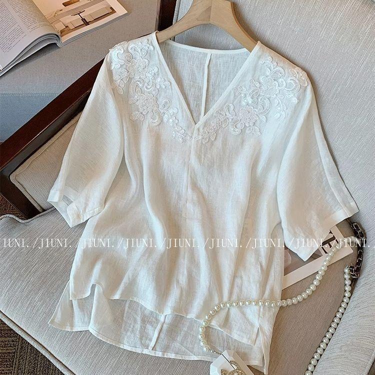 

Премиальная темпераментная рубашка с вышивкой, с коротким рукавом, новая летняя, свободная, с литературным темпераментом, топ 3XL (recommended 138-75kg) белый