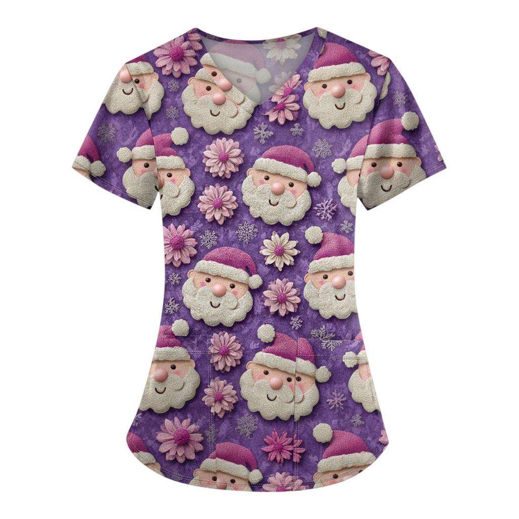 Women's Christmas Printing Short Sleeve V-neck Tops Working Pocket Blouse