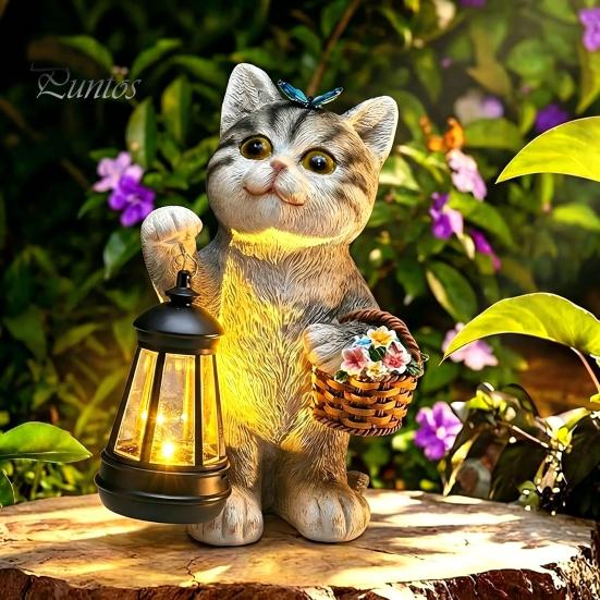 Solar Balkon Dekoration Katze Gartenstatue, Harz Outdoor Getigerte Deko mit Auto LED Terrassenlicht, IP65 Wasserdicht Rasenornament für Terrasse, Geschenk Liebhaber