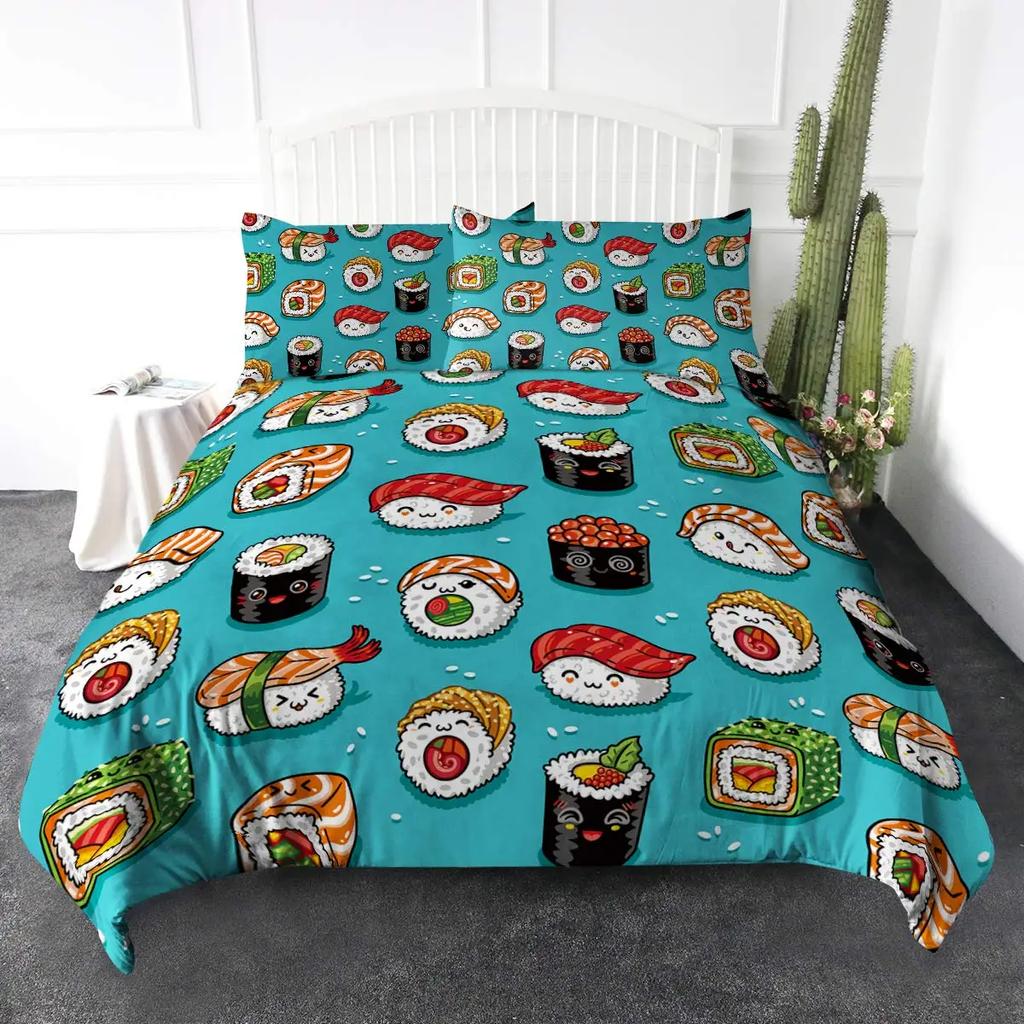 Sushi Comforter Cover,Kawaii Rice Printed Duvet Cover,Cartoon Sushi Food Bedding,Salmon Caviar Sushi Japanese Style Quilt Cover