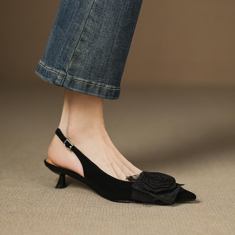 New rear empty sandals summer women's medium heel bag head sandals comfortable beef tendon soft sole buckle leather sandals stiletto