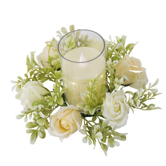 Artificial Rose Candle Ring Pillar Candles Greenery Flower Wreath Seasonal Candle Ring for Wedding Centerpiece Holiday Decor