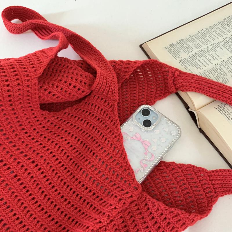 Korean Style Polyester Knit Tote Bag for Women Woven Shoulder Beach Purse