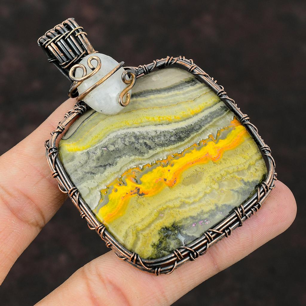 Bumble Bee Jasper Copper Wire Wrapped Pendant Rainbow Moonstone Pendant Gemstone Jewelry Handmade Pendant Copper Wire Jewelry Healing Stone
