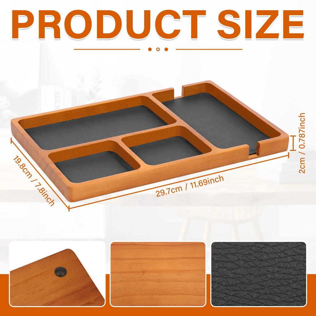Wooden Office Desktop Storage Box Valet Tray with 4 Compartment Solid Wood for Glasses Mobile Phone Earphones Sundries Organizer