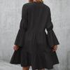Women's Fashion Casual Color Boho Loose Dress Ruffled Long Sleeve Mid Skirt