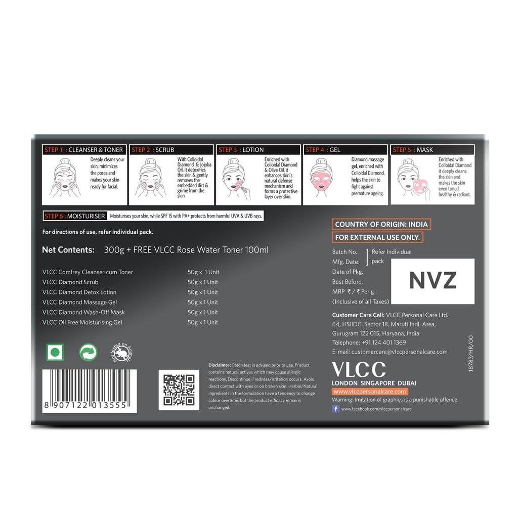 VLCC Diamond Facial Kit 300g + Rose Water Toner 100ml At-Home Skin Purifying Facial Pack