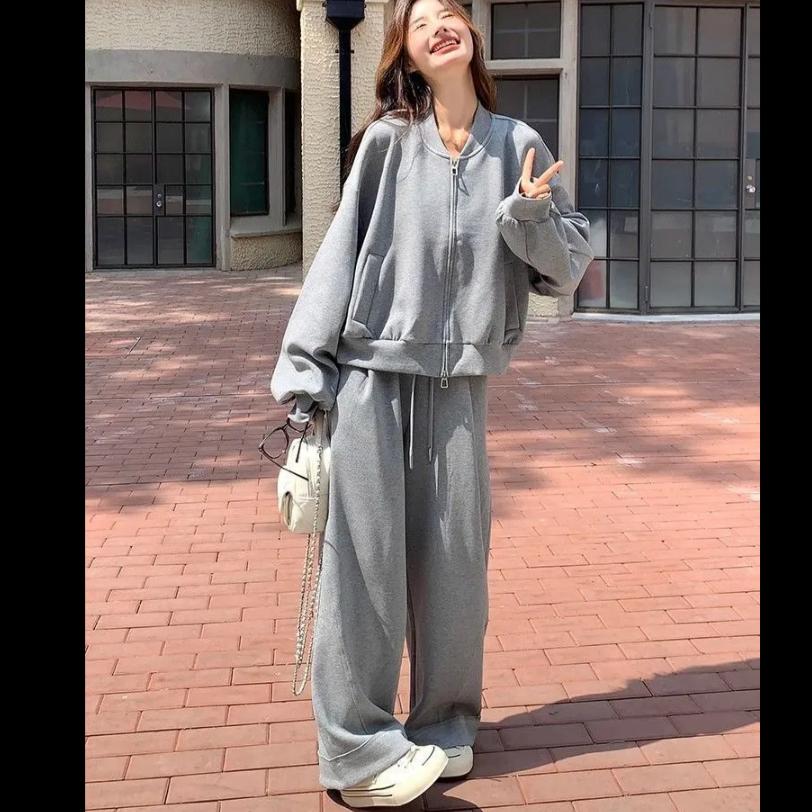 Extra Plus Size Men's Casual Sports Sweater Suit Women's Spring and Autumn High-waisted Wide-leg Pants Two-piece Suit