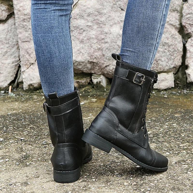 Dámské kotníkové kozačky s hranatým podpatkem podzim zima PU kůže krátké pracovní boty žena nadměrná velikost šněrování elastické botas Mujer