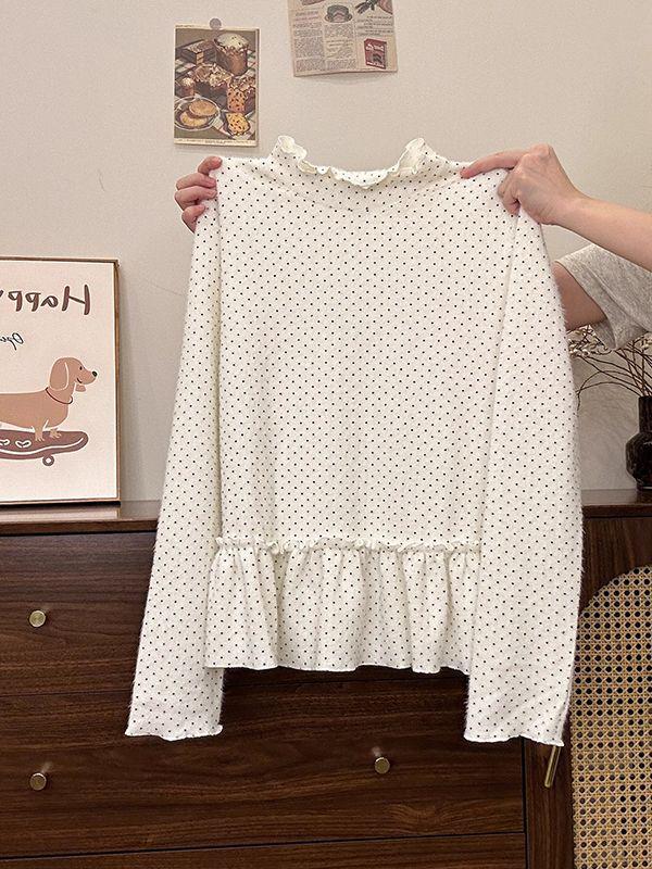 Korean Sweet Polka Dot Ruffle Lace Long Sleeve T-Shirt Small абрикосовый