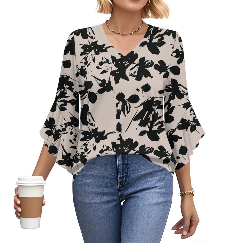 Blouses For Women Dressy Casual 3/4 Length Sleeve Womens Tops V Neck Tshirts Shirts With Flared Sleeve