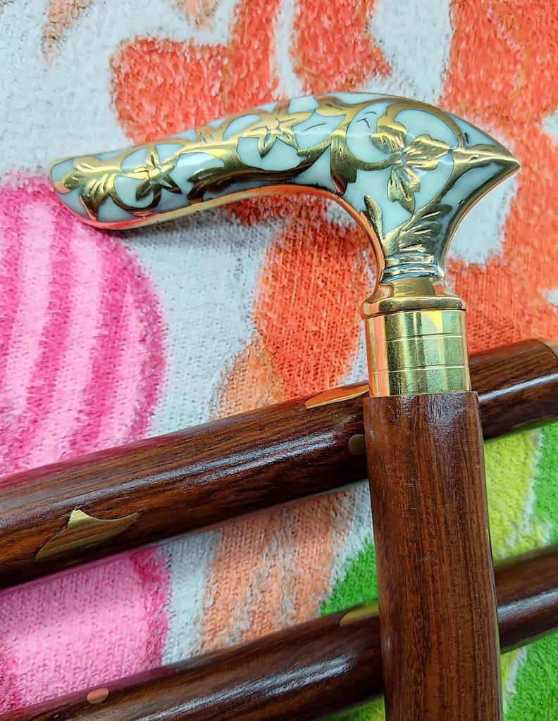 Floral Brass Handle Walking Cane Handmade Wooden Stick Home Decor  Birthday Gift
