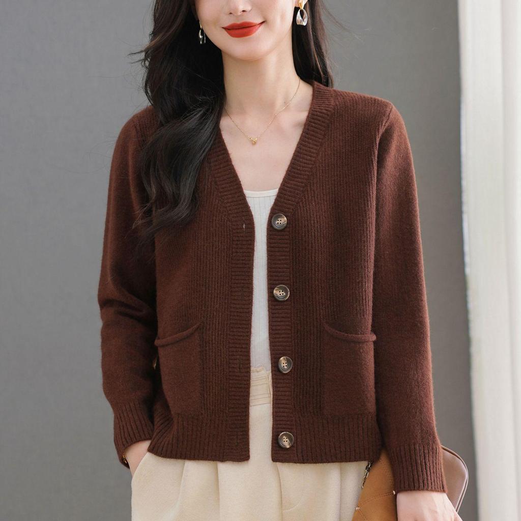 2025 Herbst Damen Eleganter V-Ausschnitt Einreihiger Strick-Cardigan Pullover Mantel mit Taschen.