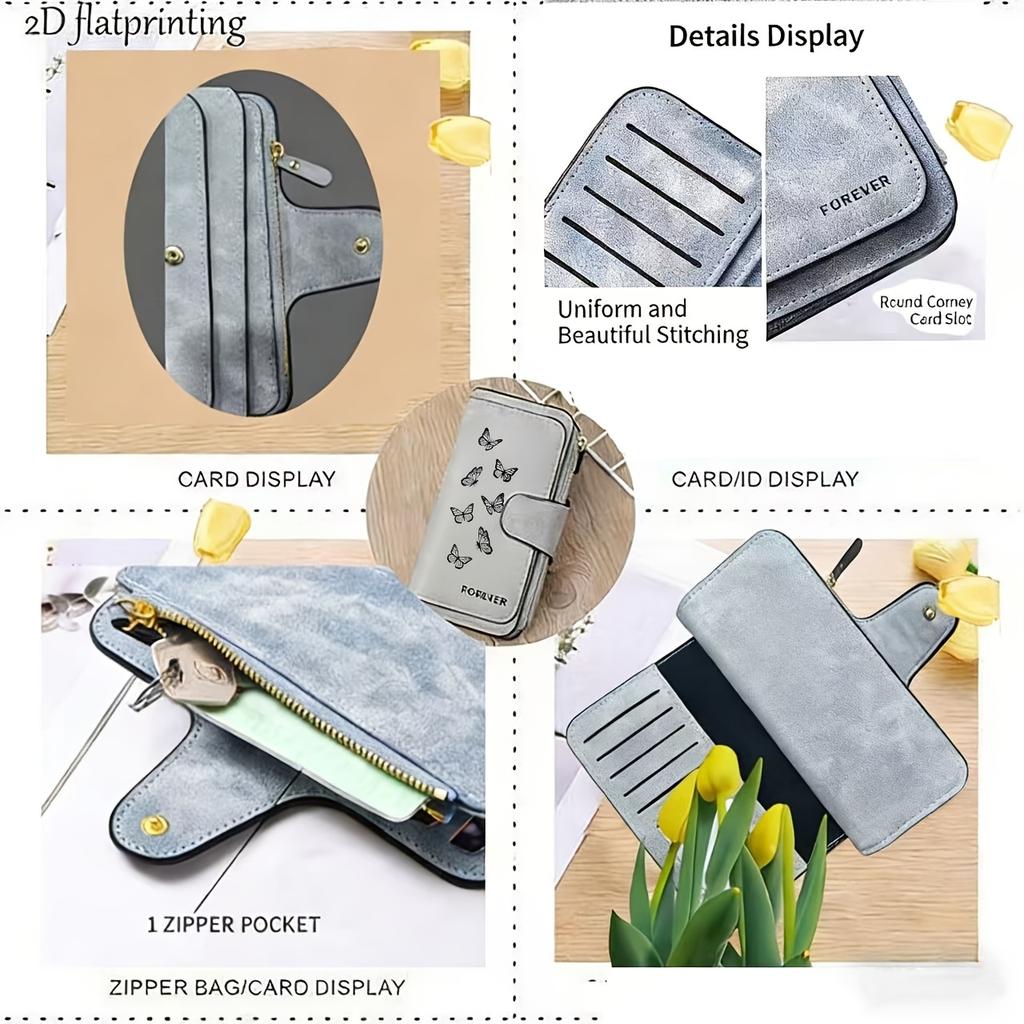 Women's Long Wallet with Butterfly Pattern 1 Piece Multi-functional Wallet Portable Snap Button Coin Purse Perfect for Cat Lovers Birthday Gift Daily