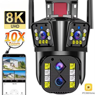 Venkovní WIFI IP kamera 16MP 8K HD 10x optický zoom Automatické sledování PTZ Čtyři objektivy Tři obrazovky Vodotěsná bezpečnostní kamera CCTV