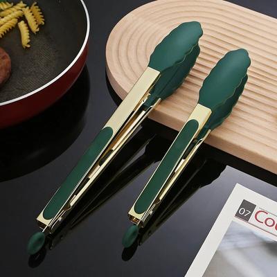9/12 Inch Green Gold Silicone Food Tongs Stainless Steel BBQ Grill Steak Clip Kitchen Salad Bread Serving Clamp Cooking Utensils