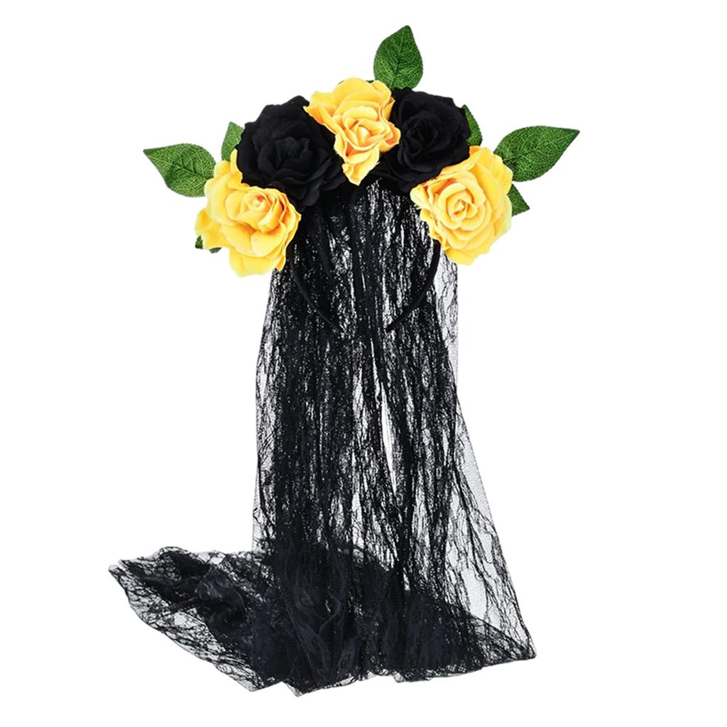 Halloween Gothic Flower Garland With Black Veils Hairband Cosplay Wedding Headpiece Costume Headwear Accessory