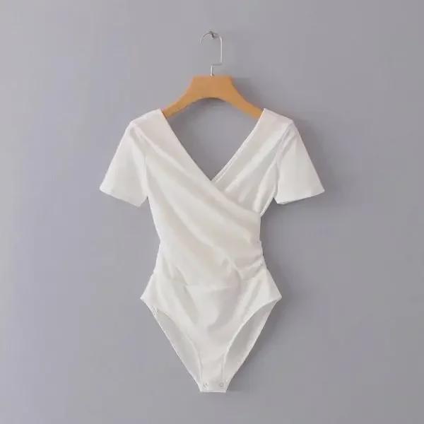 

Комбинезон с V-образным вырезом и перекрестными вставками в европейско-американском стиле: Сексуальный, облегающий летний топ с короткими рукавами для женщин. Medium