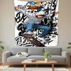 Tapestry Skateboarder Anime Style Grey Hoodie Graffiti Background Mid Air Trick Orange Blue Art