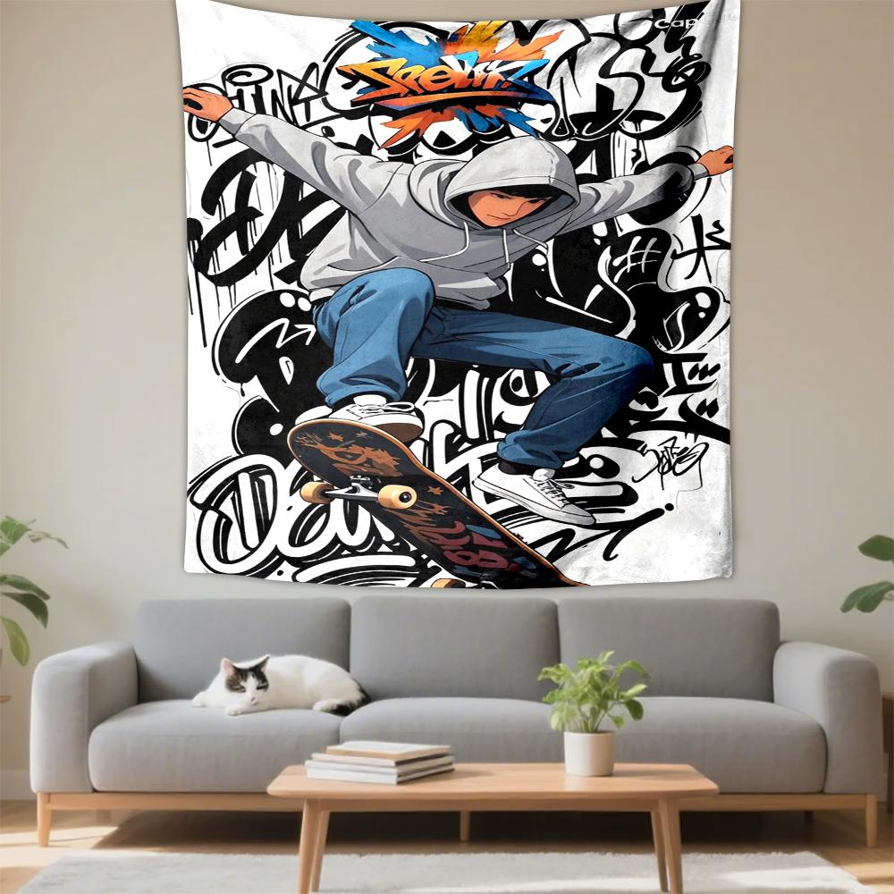 Tapestry Skateboarder Anime Style Grey Hoodie Graffiti Background Mid Air Trick Orange Blue Art