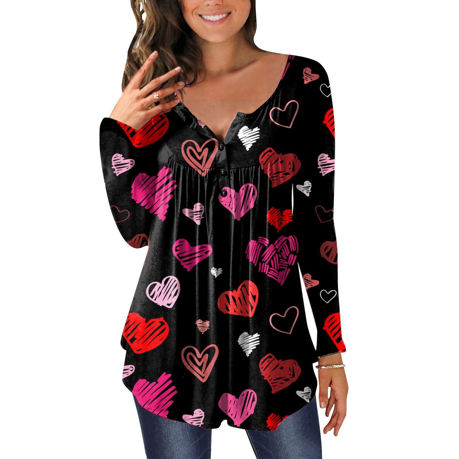 

Women s Casual Fashion Valentine s Day Print Long Sleeve V-Neck Pullover Top M чёрный