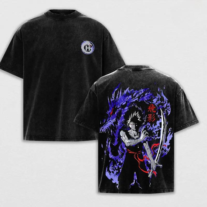 YuYu Hakusho Hiei Graphic Tshirt Men Women Clothing Short Sleeve Cotton T-shirts Washed Tee Harajuku Male Oversized T Shirt S чёрный