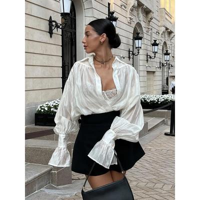 Elegant Loose Pink Shirt Office Women's Long Sleeve Button Lapel Blouse Autumn Fashion Solid Color High Street Female Top