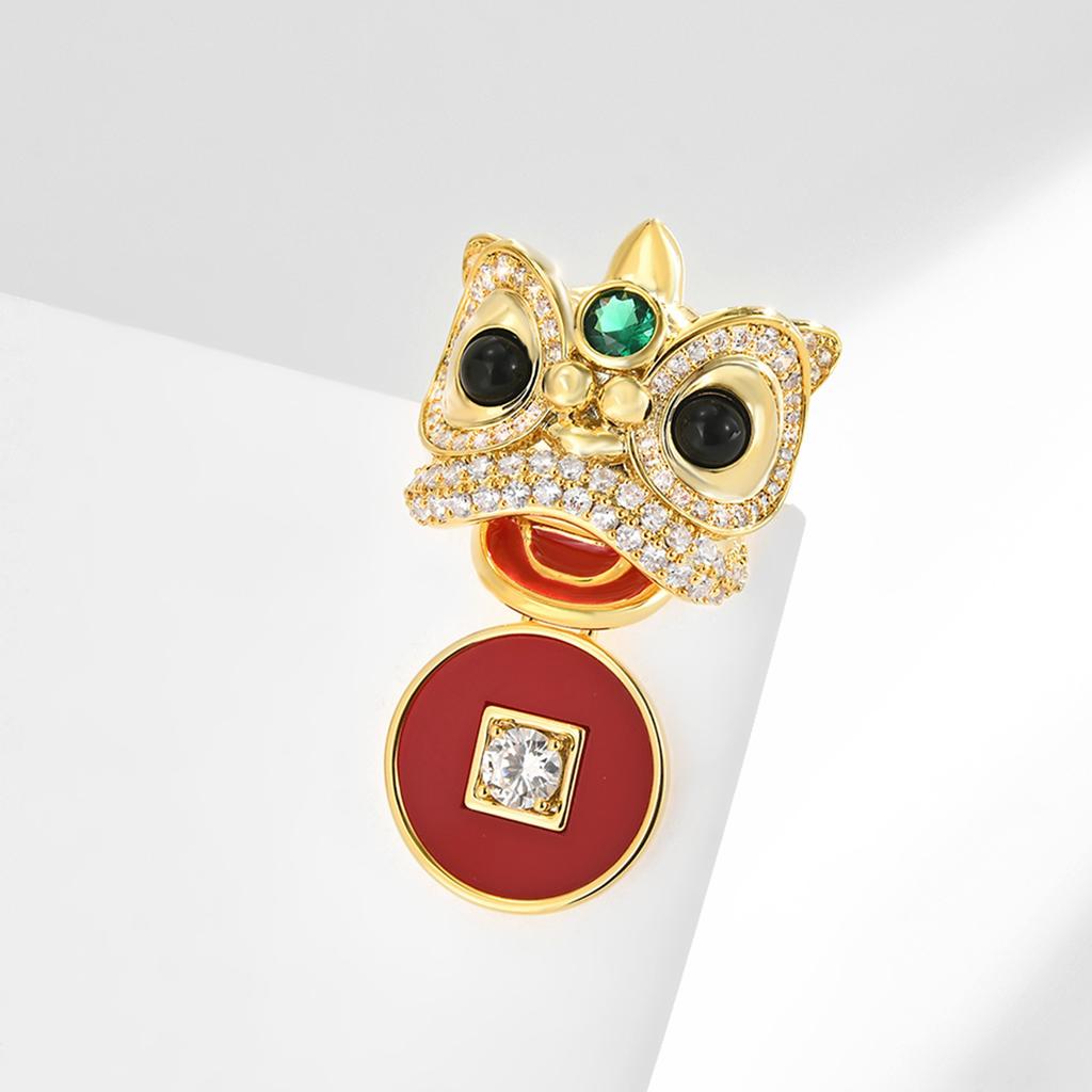 New Lion Dance Brooch Exquisite High-end Festive Chinese Style Guochao Gold Coin Accessories Pin Red High-end Corsage