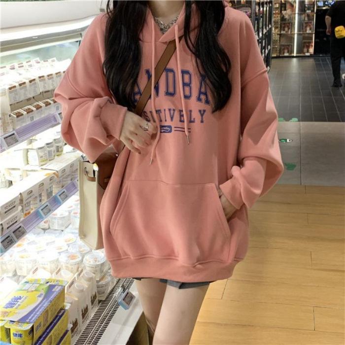 Spring Student Printing Loose Warm Fleece Thickened Hooded Sweater Wholesale for Women