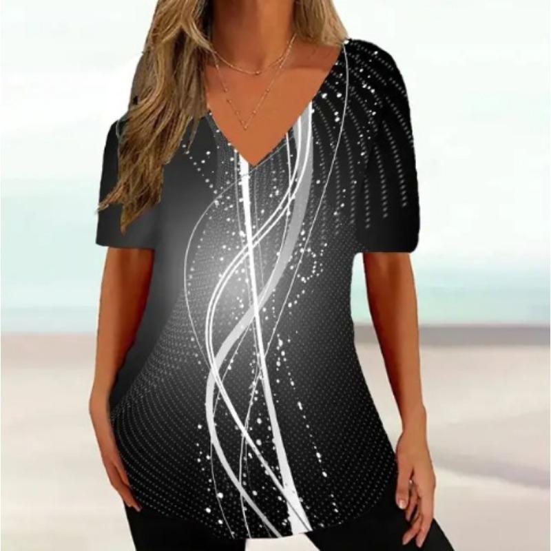 Retro Women's Ethnic Geometric Painting Harajuku T-shirt Women's Summer Casual Short Sleeve V-neck T-shirt