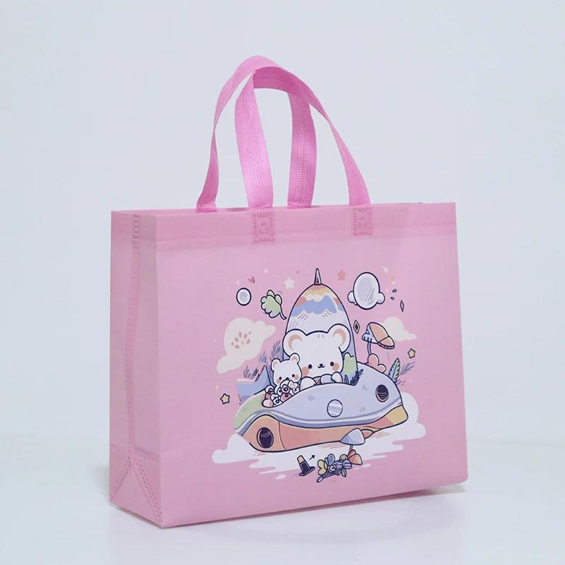 10PCS Rose Printing Packaging Shopping Bag Handle Waterproof Non Woven Fabric Gift Bags Black Clothing Store HandBag