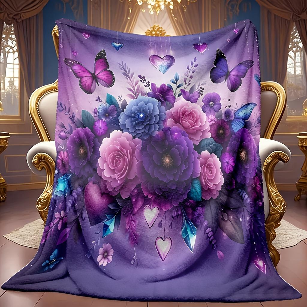 Floral Theme Pattern Blanket Soft High-Definition Digital Print Purple Flowers and Butterflies Design All-Season Use! Soft Breathable 100% Polyester C
