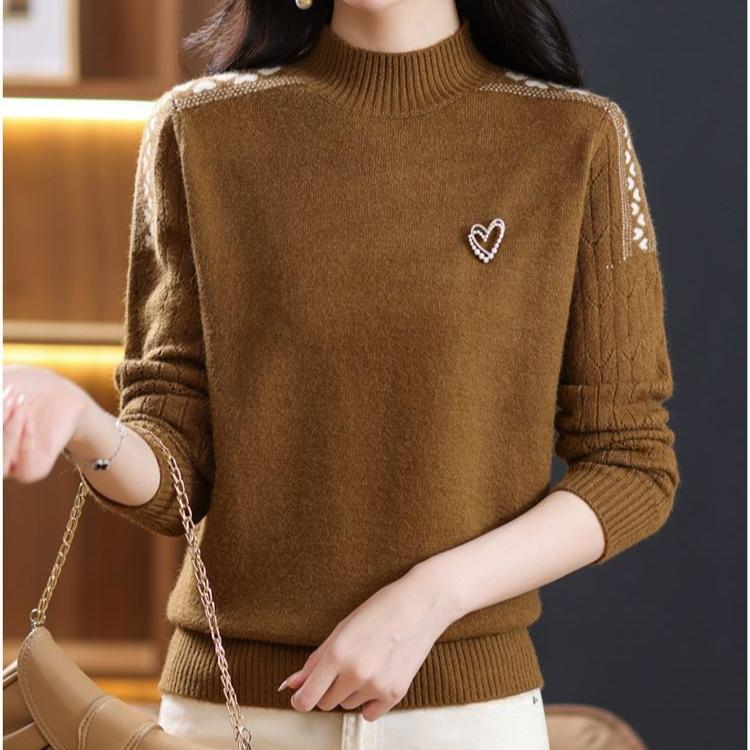 Half Turtleneck Sweater Solid-color Fashionable Knitted Sweater for Women Loose Long-sleeved Casual Pullover Autumn and Winter