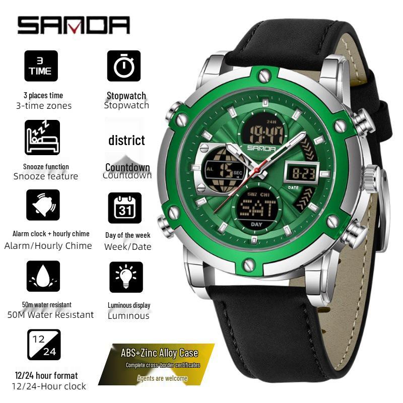 SANDA Men's Multi-Time Zone Steel Band Watch - Luminous, Waterproof, Alarm & Stopwatch Features